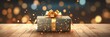 Golden gift and confetti on wooden table and background with blurred lights in bokeh effect, gift box with golden ribbon, Generative AI