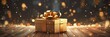 Golden gift and confetti on wooden table and background with blurred lights in bokeh effect, gift box with golden ribbon, Generative AI