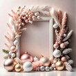 Maro de foto decorado con plantas y bolas navideñas. Decoración de Navidad en rosa palo y plateada. Decoración blanca y rosada de fiesta. Hecha con IA.