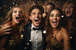 Attractive woman laughing while dancing with friends. Group of men and women dancing at new years eve party at night club.