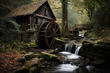 A Large Water Wheel Is Turning Beside An Old Grist Mill, Situated In A Serene Forest Setting With A Flowing Stream