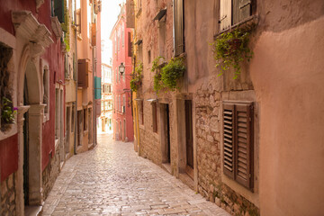  Street scene in old mediterranean town of Rovinj, Croatia.