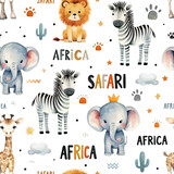 Fototapeta Dziecięca - Watercolor childish seamless pattern with cute safari animals: elephant, lion, giraffe and zebra isolated on white background.