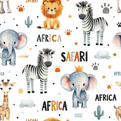 Naklejka na meble Watercolor childish seamless pattern with cute safari animals: elephant, lion, giraffe and zebra isolated on white background.