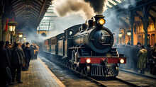 Vintage Train Station With Steam Locomotives And Travelers In Period Attire,