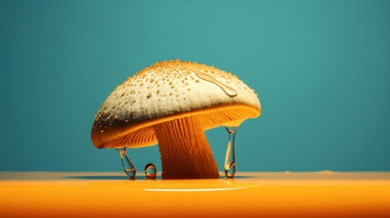 Wall Mural - A mushroom sitting on top of a yellow surface, AI