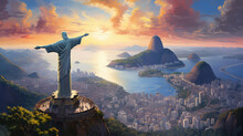 Oil Painting On Canvas, View Of Aerial Of Christ And Sugar Loaf Mountain At Sunset, Rio De Janeiro, Brazil.
