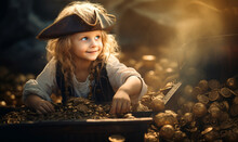 A Little Boy In A Pirate Outfit Is Happy Because He Just Found A Big Pirate Treasure. Children's Adventure Games Can Begin.