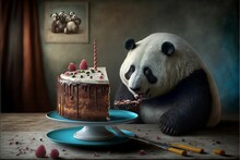AI Generated Illustration Of A Panda Eating A Cake On A Table.