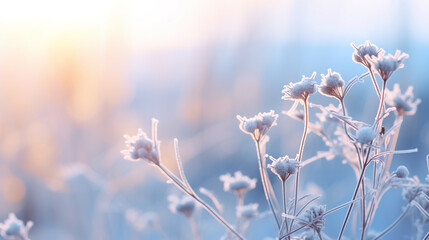 frozen icy flowers in winter. frost-covered wildflowers in winter field on the evening or morning. a