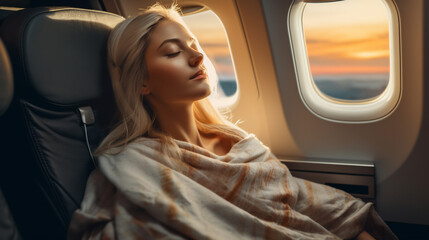 Wall Mural - Beautiful young woman sleeping on her seat in first class on a airplane, relaxed traveling. ai generative