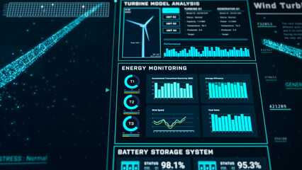 Futuristic wind turbine energy control center interface design, digital data network battery management system, green renewable power technology software, engineering iot HUD information 3d rendering