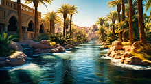 A Serene And Beautiful Desert Oasis, The Water Shimmering Under The Relentless Sun And Palm Trees Offering Shade.