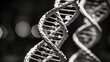 High-contrast monochrome image of DNA helix structure against a dark background,