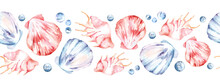 Seamless Border With Seashells. Hand Drawn Watercolor Illustration On White Isolated Background For Banner. Sea Shell Pattern For Design In Nautical Style. Oceanic Backdrop With Cockleshells