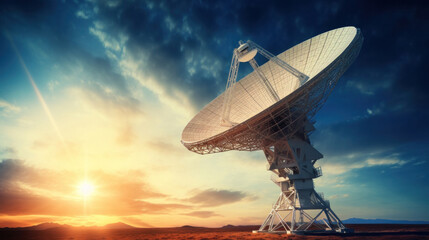 A big radio telescope pointing to the blue sky.