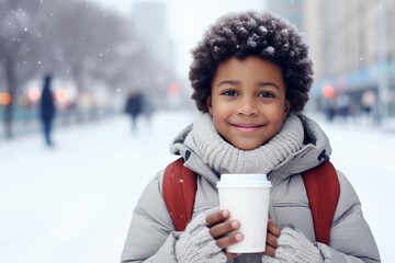 Wall Mural - a happy modern african american child boy with a mug glass of hot drink in the winter season on the background of the snow city