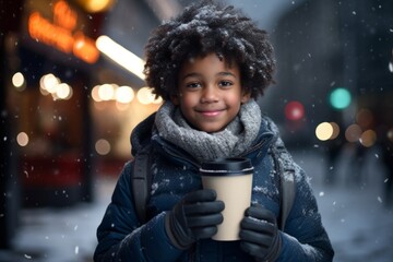 Wall Mural - a happy modern african american child boy with a mug glass of hot drink in the winter season on the background of the snow city