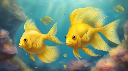 Wall Mural - yellow tang fish Yellow aquarium fish. Yellow tang 