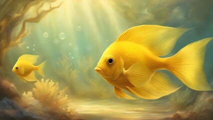 Wall Mural - fish in aquarium  Yellow aquarium fish. Yellow tang 