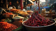 Peppers In A Market, Spices, Turkish Market Ai Generated