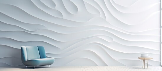 Poster - The white wall in the interior design of the room has a background of abstract geometric patterns that create a mesmerizing wave like texture enhancing the overall architectural construction