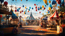 Vivid Portrayal Of A Carnival-themed Birthday Party With Colorful Attractions