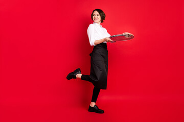 Sticker - Full length photo of dreamy nice young woman hold tray service staff isolated on red color background