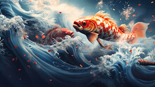 Japanese Wave Art, Traditional Seascapes, Indigo Hues With Gold Fish Details