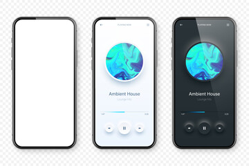 Wall Mural - Online audio player user interface, smartphone app UI design. Music, media streaming and listening platform. Responsive mobile application. Neumorphism, neumorphic style. Vector illustration.