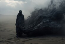 The Scary Black Ghost Flowing Like An Ash Moving Through Lifeless Desert, Conceptual Illustration