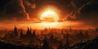 Warm toned dystopian city, dune, sun on the horizon, circular ring shaped explosions in the background