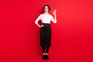 Sticker - Full length photo of charming young woman hold hand okay sign smile isolated on red color background