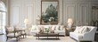 Large living room, in neoclassical style with Asian influences, design and luxury. Pale white, creams and pastels.