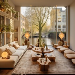 Wall Mural - Photo of a Luxurious and Contemporary Living Room with Massive WIndows giving as a view the Landscape of the City. Expensive House full of Modern and Futuristic Decorations. Palatial Design.