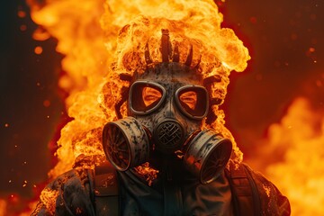 Photo of a Man Wearing a Gas-Mask and Protecting Himself in the middle of Flames during an Apocalypse. City full of Flames during Explosion of the Bombs during the War.