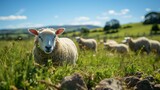 Fototapeta Londyn - Sheep farm with green grass and clear sky