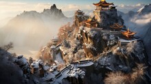 The Xiayuan Temple On A Mountain Top Is In The Winter, In The Style Of Dark Yellow And Light Gold, Hindu Art And Architecture