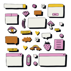 Retro pc elements, user interface, operating system, windows, icons in trendy retro style, modern stickers. old computer ui elements dialog boxes vector set. Illustration 90s. Vector illustration