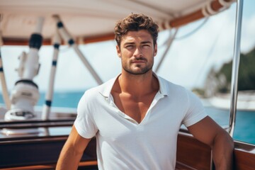 Wall Mural - happy modern man against the background of a yacht and tropical palm trees