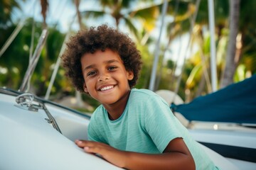 Wall Mural - happy modern african american child boy against the background of a yacht and tropical palm trees