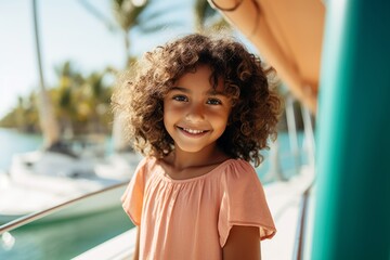 Wall Mural - happy modern indian child girl against the background of a yacht and tropical palm trees