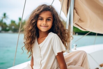 Wall Mural - happy modern indian child girl against the background of a yacht and tropical palm trees