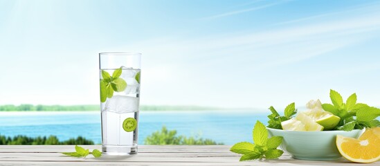 Canvas Print - In the background of a summer landscape a vibrant green leaf gently falls onto a white picnic table set with an assortment of fresh fruit and refreshing ice cold cocktails enhancing the fit