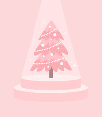 Canvas Print - Pink Christmas tree with garland and decorations on a pedestal under a spotlight on a pink background. Flat vector illustration