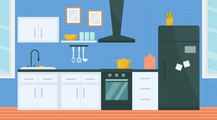 Kitchen room interior with furniture and appliances Modern indoor house design. Home art. Flat style vector. Cartoon illustration.