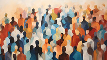 Painting Of Abstract Shapes Representing Diverse Crowd Of People. Diversity, Equity, Inclusion And Belonging.