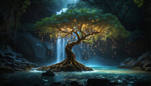 Amidst A Tranquil Forest, A Solitary Tree Of Life Stands Beneath A Waterfall Of Bio-luminous Water At Night - AI Generative