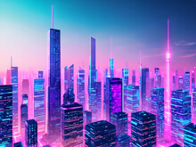 Synthetic Wave, Cyber Wave In Futuristic Cyberpunk Style, Neon City At Night Near The Beach, Generative AI