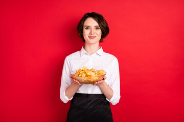 Sticker - Photo of charming happy nice waitress good mood hold plate order snack isolated on red color background